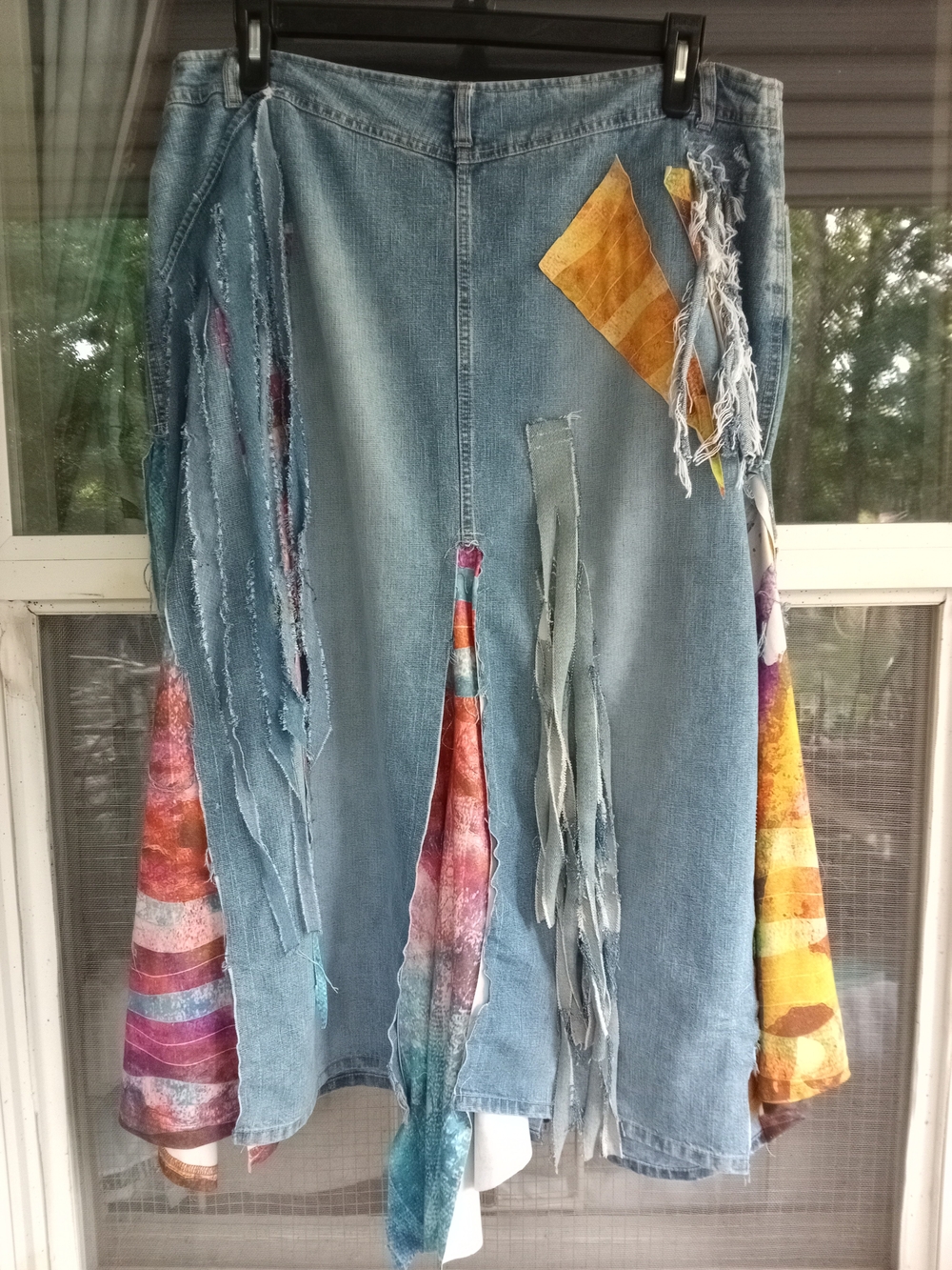 Squeeze Blue Denim Maxi Skirt with Multicolor Patchwork Accents - Picture 2 of 4